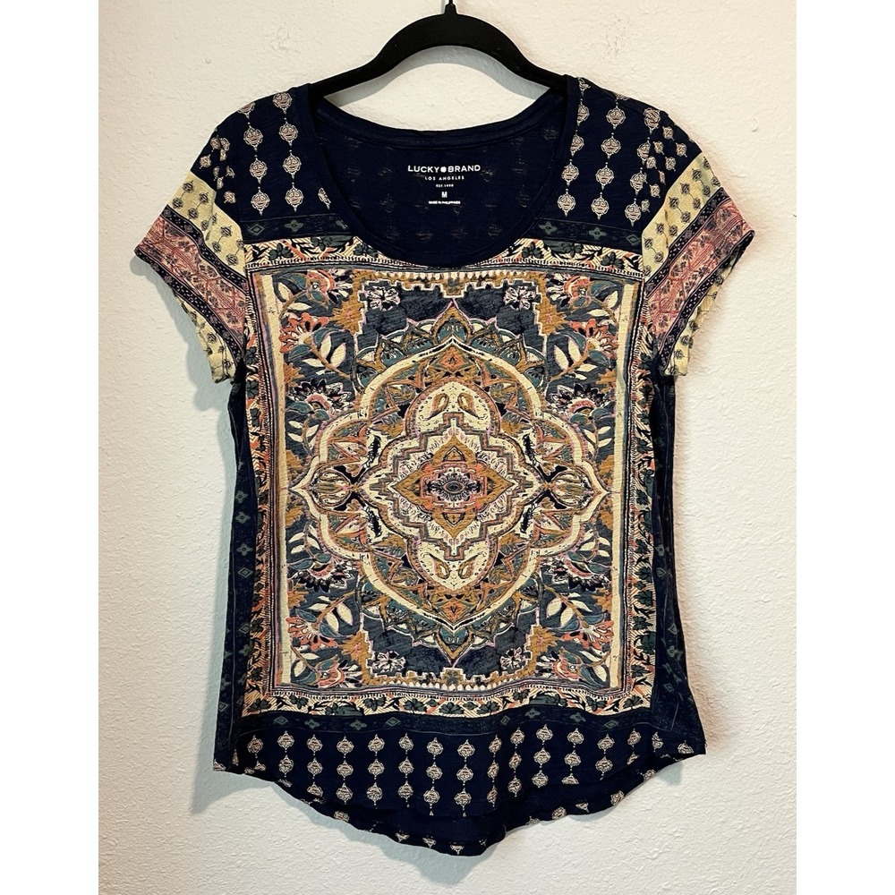 Lucky Brand Shirt Womens M Blue Persian Rug Graphic Tee Short Sleeve Bohemian